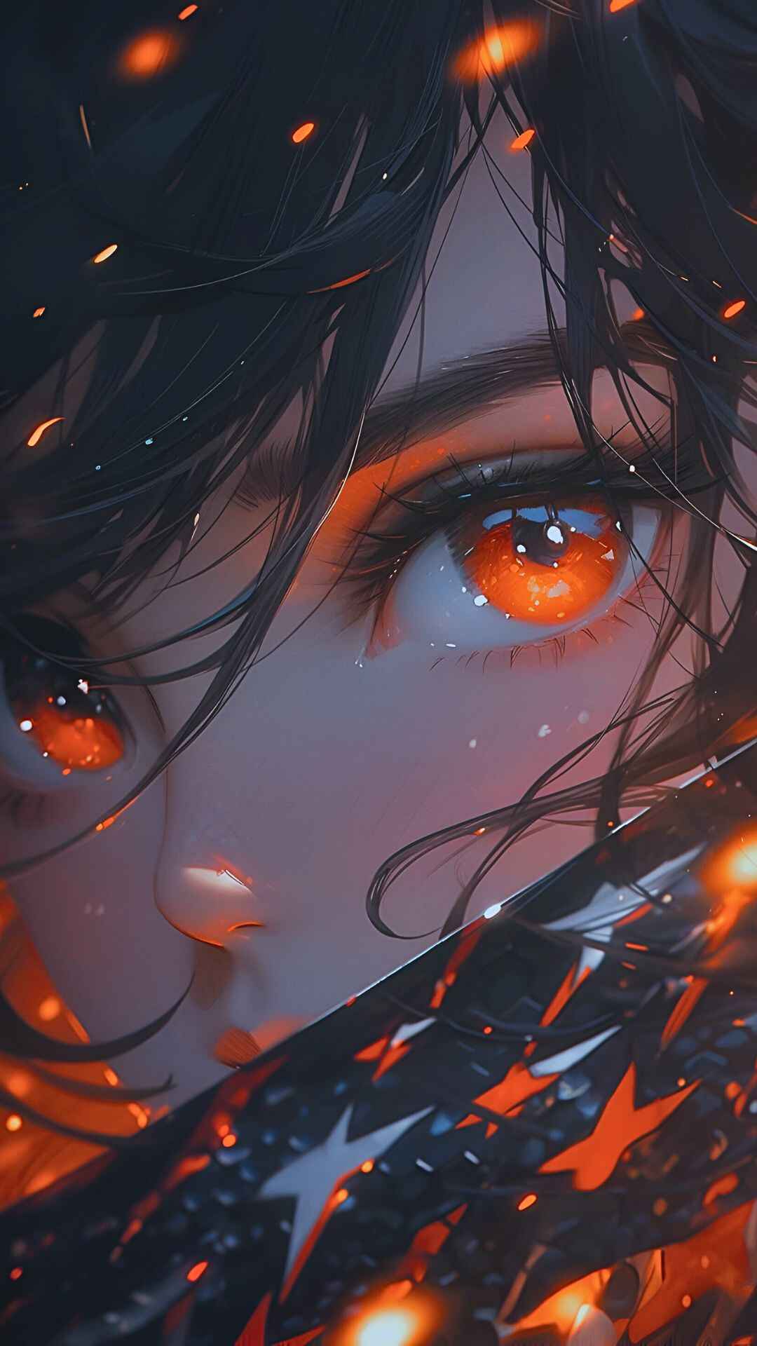 Anime Girl Black Hair Orange Eyes Wallpaper