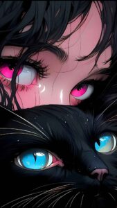 Anime Girl Black Hair Pink Eyes With Cat Wallpaper